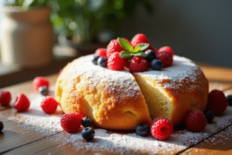 Gâteau éponge maison tranché avec fruits rouges sur table en bois