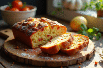 Gâteau salé au chorizo et feta tranché sur planche en bois