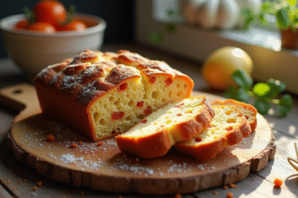 Gâteau salé au chorizo et feta tranché sur planche en bois