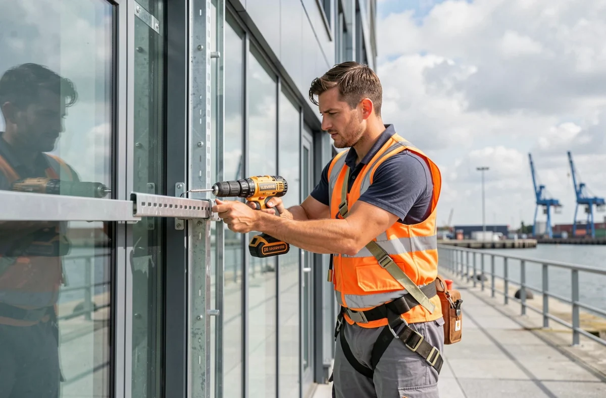 Électricien de GLE Electricité installant des chemins de câbles en façade d'un bâtiment commercial moderne près du port du Havre