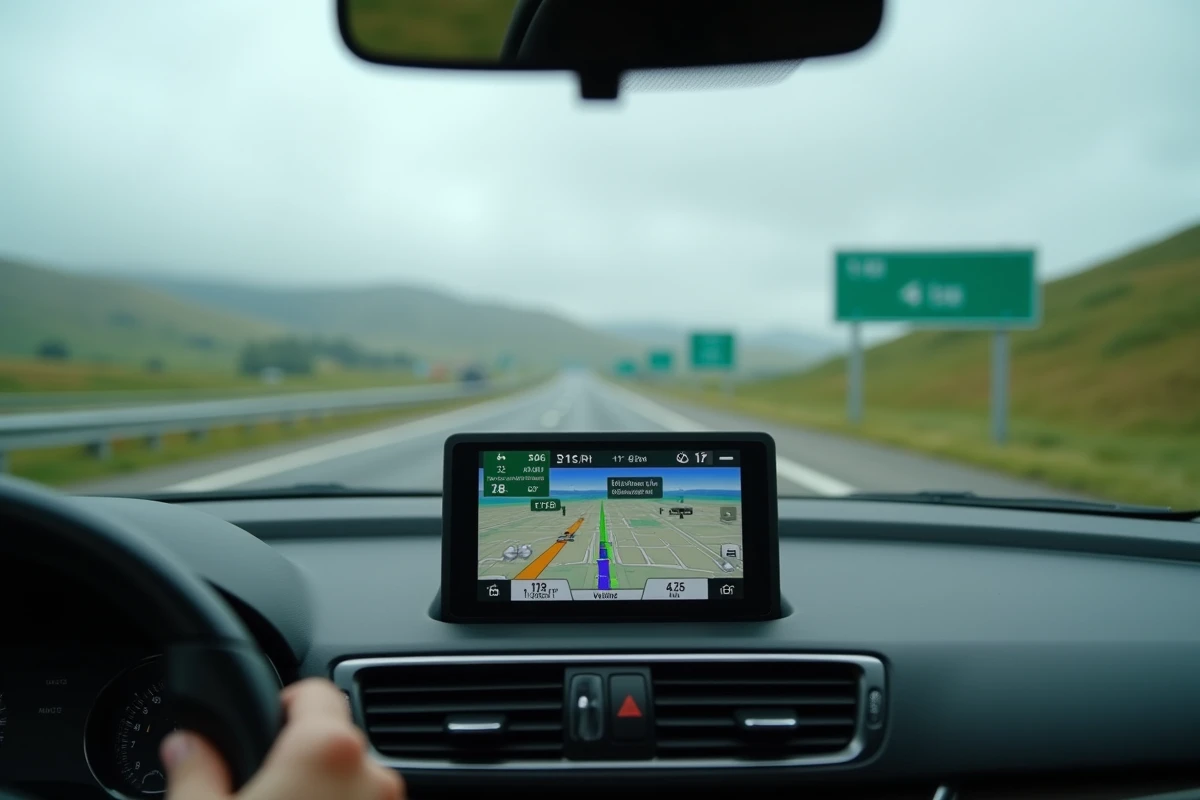 Tableau de bord de voiture avec GPS affichant des distances en miles et kilomètres lors d'un road trip sur autoroute