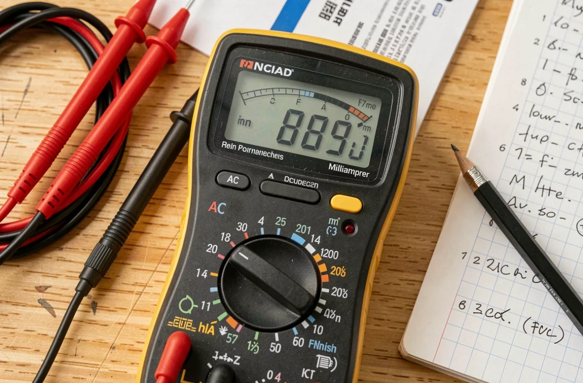 Gros plan d'un multimètre numérique réglé sur la fonction courant alternatif posé sur un bureau en bois avec des notes techniques