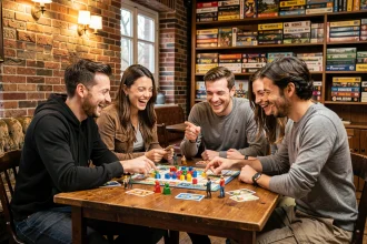 Groupe d'amis jouant à des jeux de société dans un bar à Toulouse avec des étagères remplies de jeux en arrière-plan