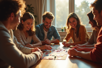 Groupe d'amis jouant au Nain Jaune avec des jetons colorés