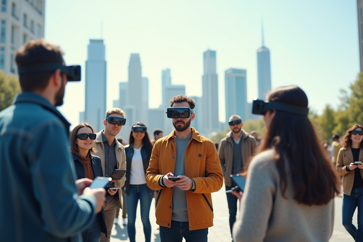 Groupe de personnes utilisant la réalité augmentée dans une ville futuriste