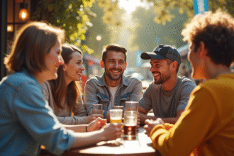 Groupe divers discutant dans un cafe en plein air ensoleille