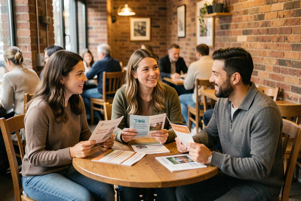 Groupe de personnes discutant de conversion religieuse entre orthodoxie protestantisme et catholicisme dans un café