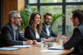 Groupe de professionnels en réunion dans un espace durable
