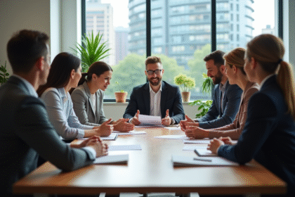Groupe de professionnels en réunion dans un bureau moderne