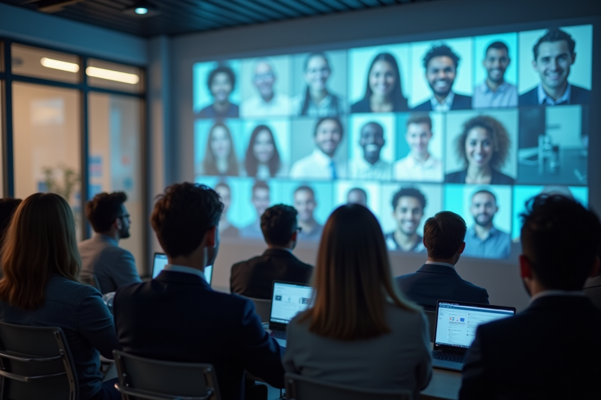 Groupe diversifié observant profils sociaux sur un mur en bureau moderne