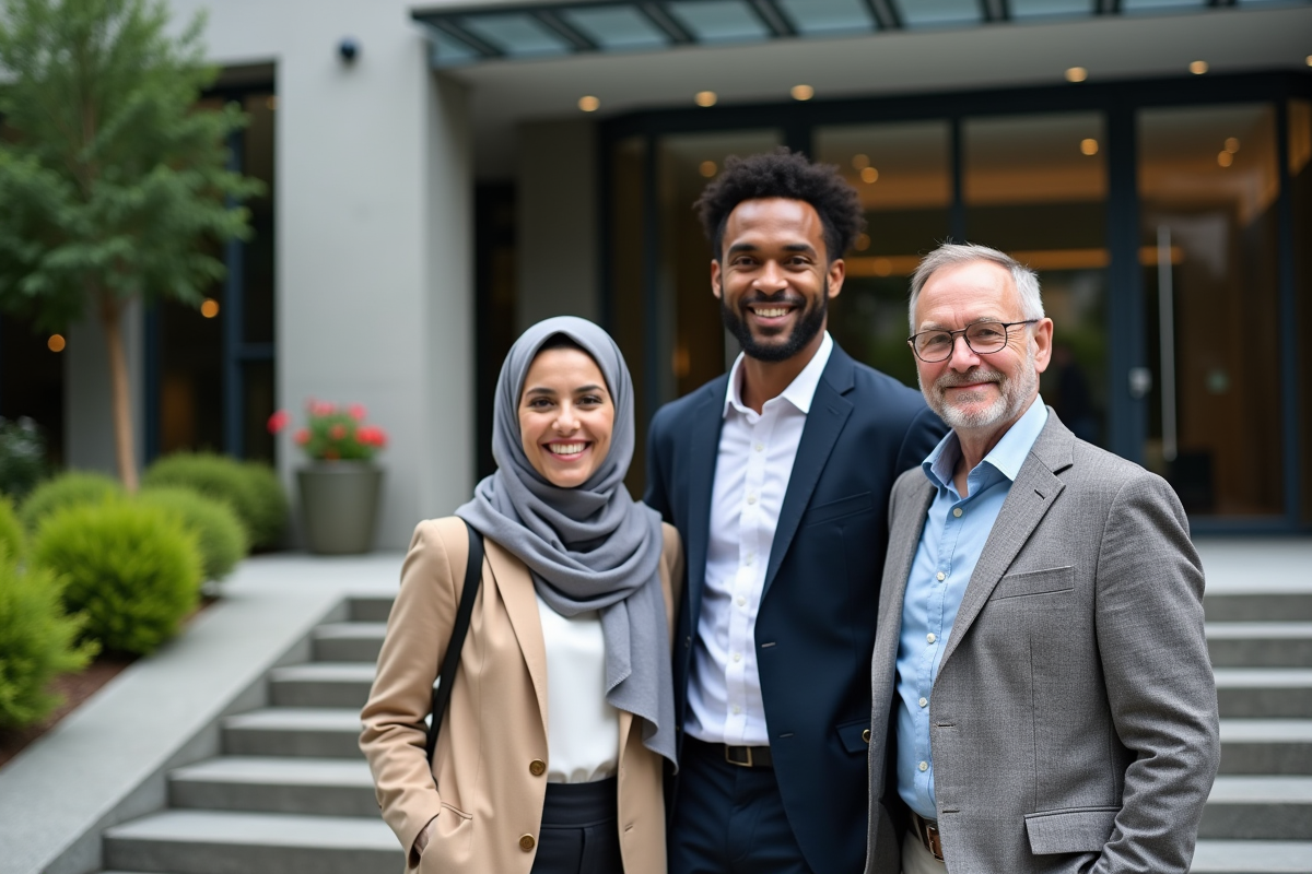 Groupe diversifié souriant devant un bâtiment de bureau