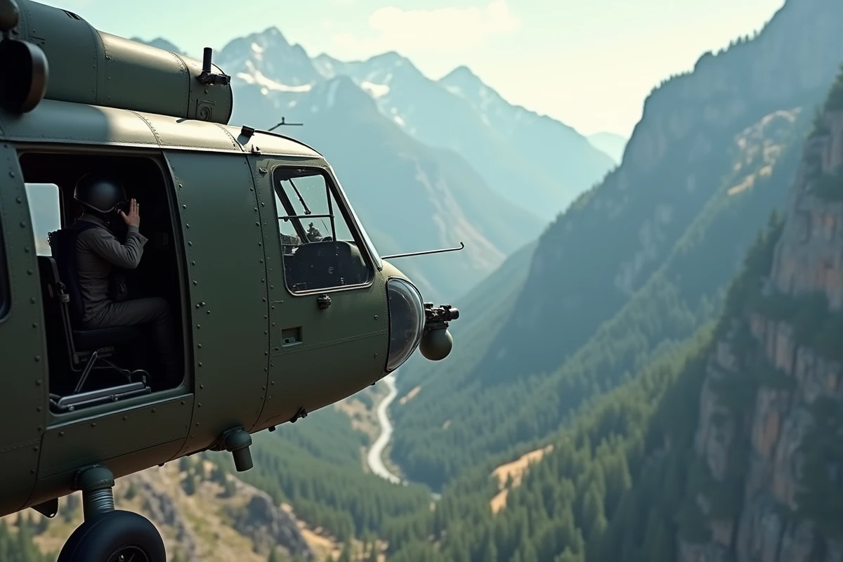 Hélicoptère militaire en vol à basse altitude au-dessus d'un terrain montagneux, vue extérieure depuis un autre aéronef