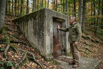 Historien militaire devant l'entrée d'un bunker de la Seconde Guerre mondiale dans la forêt lorraine, bloc 3 du secteur ASPOLT-Laudrefang