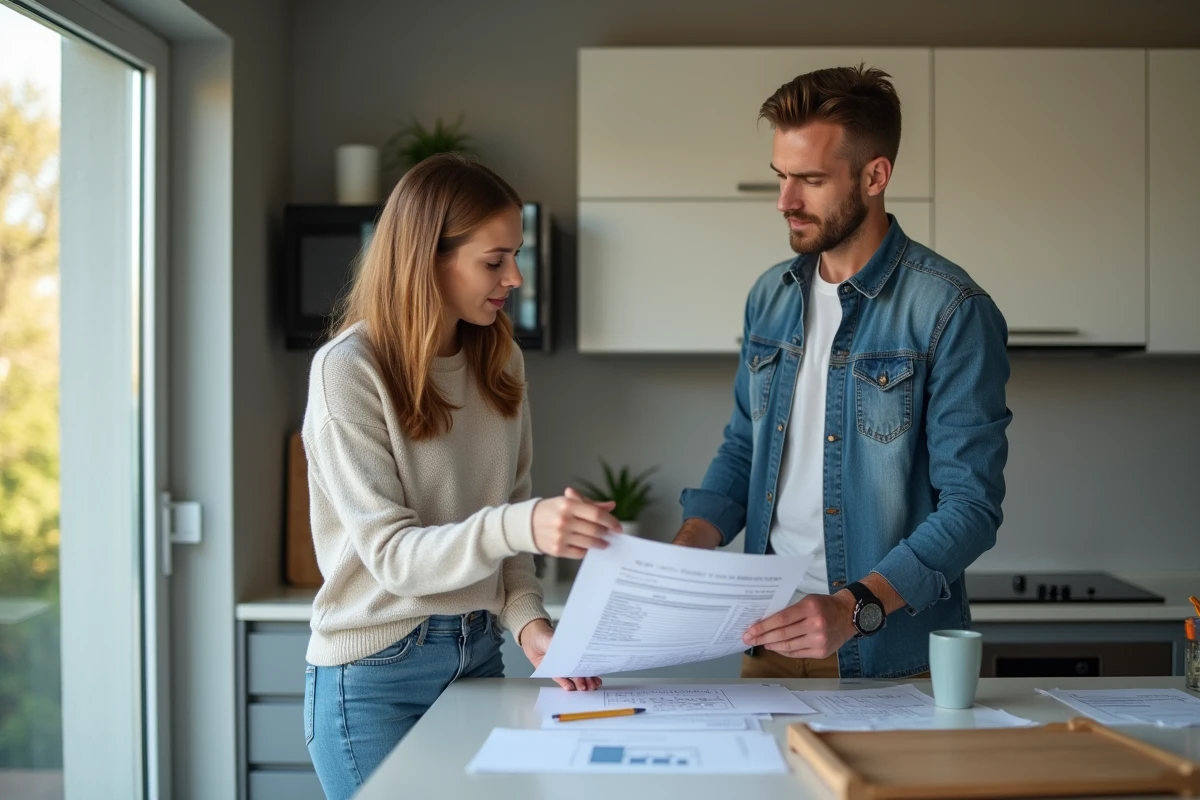 Femme examinant un devis de rénovation dans sa cuisine moderne