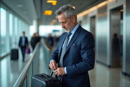 Homme d'affaires préparant son sac à l'aéroport