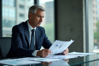 Homme d'affaires en costume bleu analysant des graphiques financiers