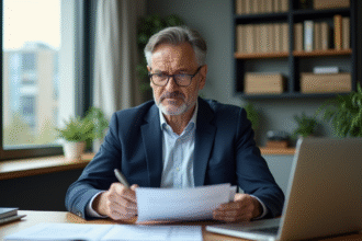Homme d'affaires en costume bleu examine des documents de prêt immobilier