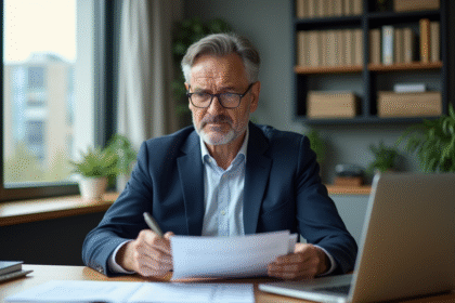 Homme d'affaires en costume bleu examine des documents de prêt immobilier
