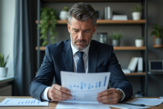 Homme d'affaires en costume regardant un rapport financier