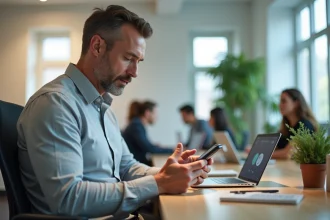 Homme d'affaires examinant un numéro de téléphone international avec l'indicatif +49 sur son smartphone dans un bureau moderne