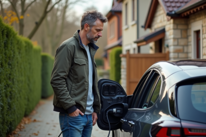 Homme branchant une voiture hybride électrique dans la cour