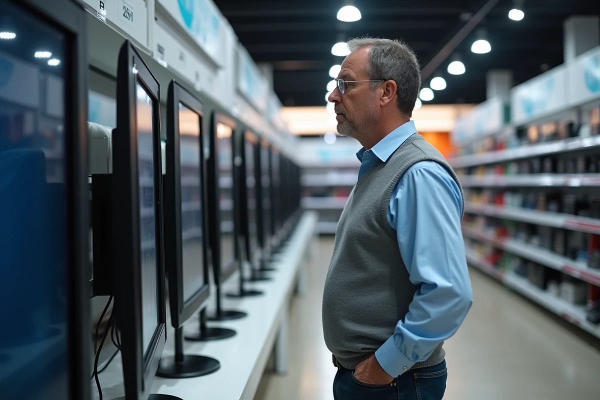 Homme compare deux téléviseurs en magasin