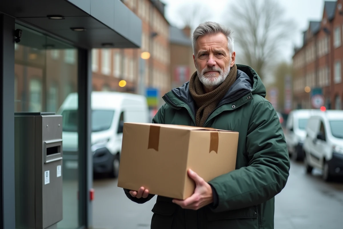 Homme déposant un colis dans point de livraison urbain