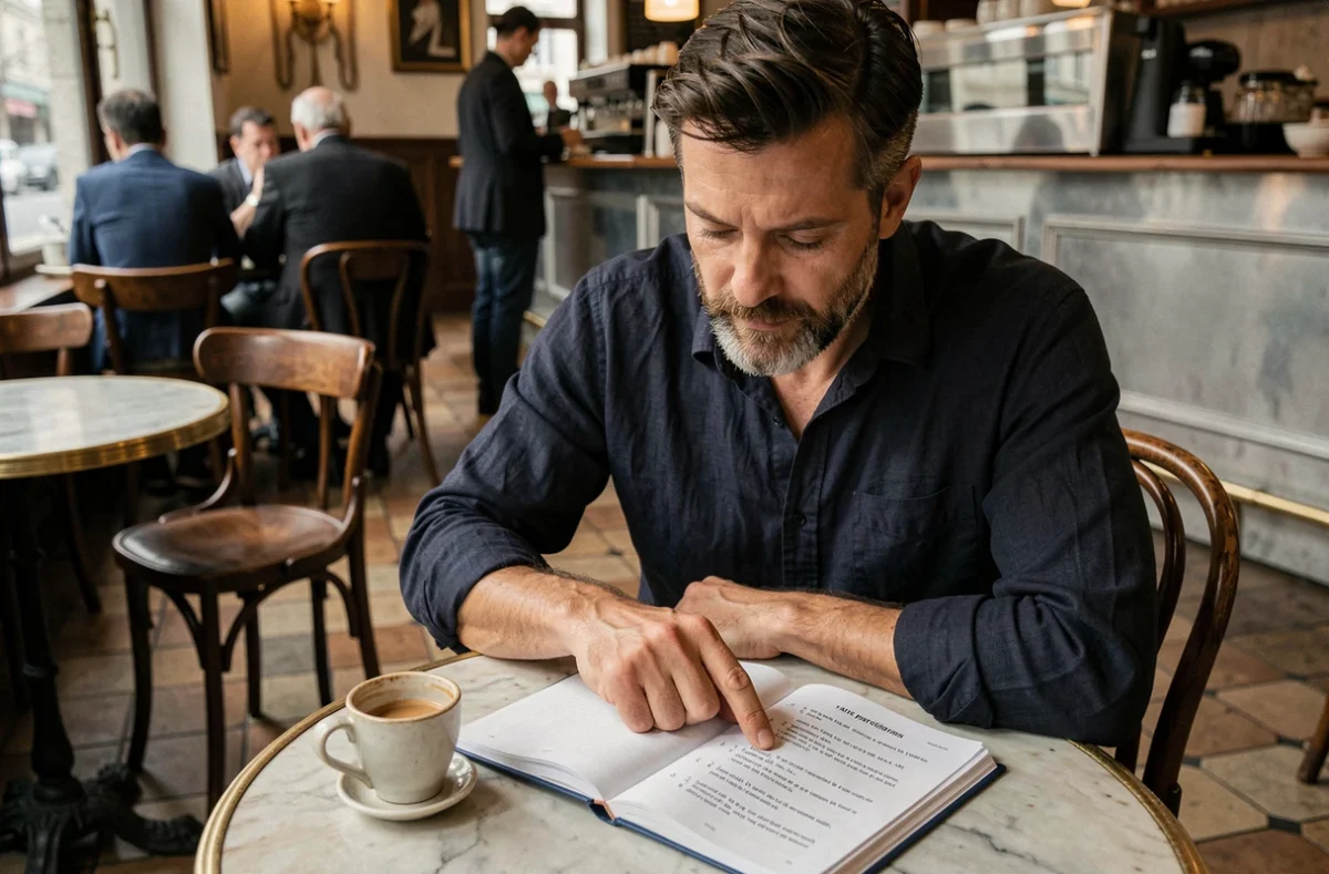 Homme étudiant la conjugaison des verbes auxiliaires dans un livre de grammaire française au café