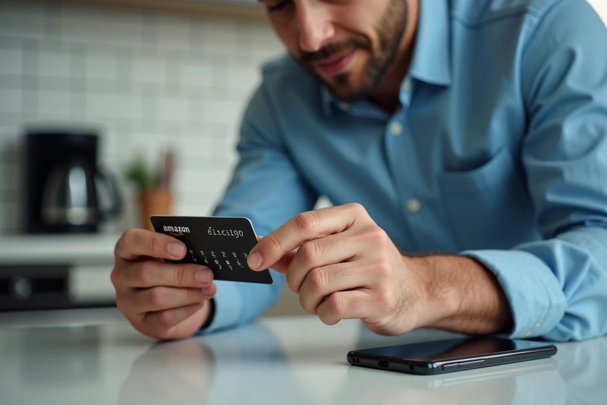 Homme grattant le code PIN d'une carte Illicado près d'un smartphone ouvert sur Amazon