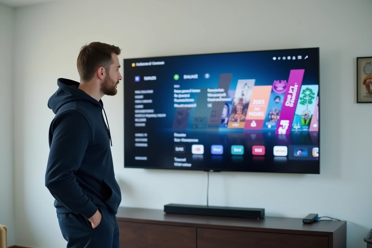 Homme consultant un guide des programmes télé affiché sur un grand écran plat dans un salon moderne en 2026