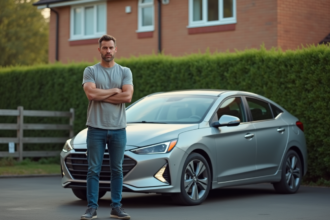 Homme d'âge moyen à côté d'une voiture hybride dans une allée résidentielle