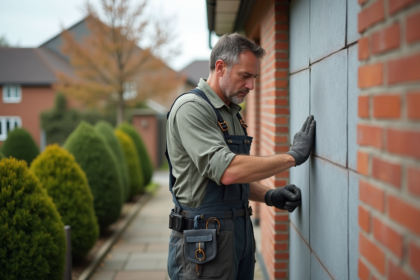 Homme en overalls appliquant des panneaux isolants sur un mur extérieur