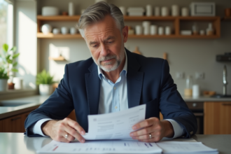 Homme d'âge moyen examinant des factures dans une cuisine lumineuse