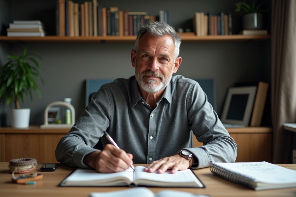 Homme d age moyen planifiant ses idées à la maison