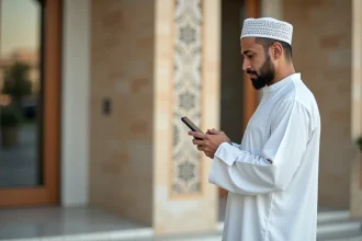 Musulman en thobe vérifiant l'heure de prière devant une mosquee