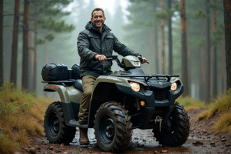 Homme en équipement outdoor sortant d'un quad moderne en forêt