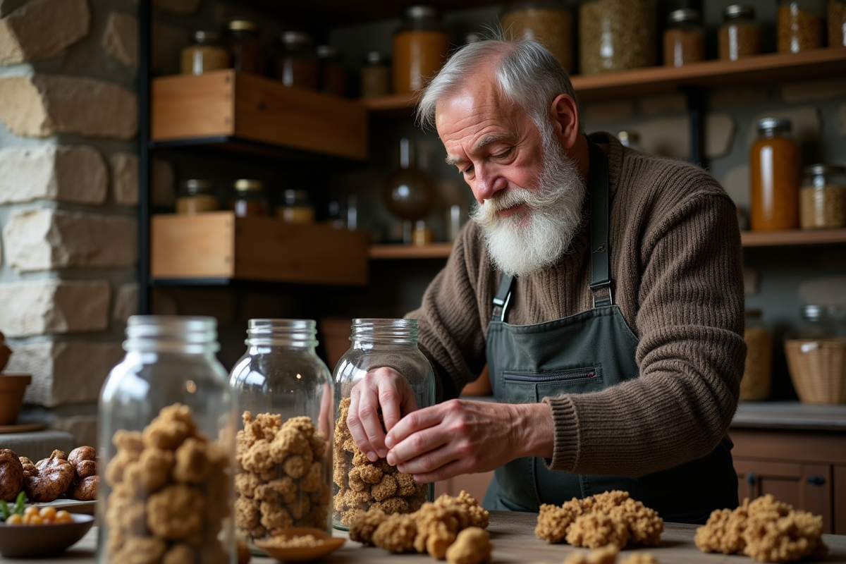 Homme âgé scellant des morilles séchées dans un cellier rustique
