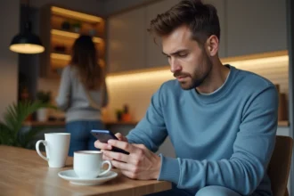 Homme en cuisine regardant son smartphone dans un cadre cosy