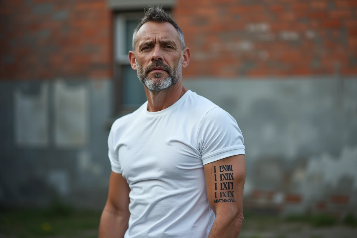 Homme avec un tatouage en chiffres romains sur le bras supérieur devant un mur de briques urbain