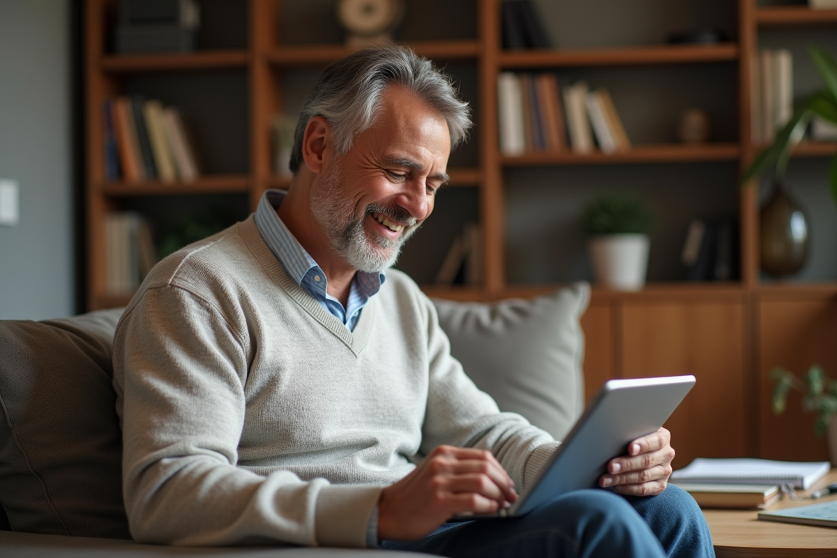 Homme utilisant une application de traduction à la maison