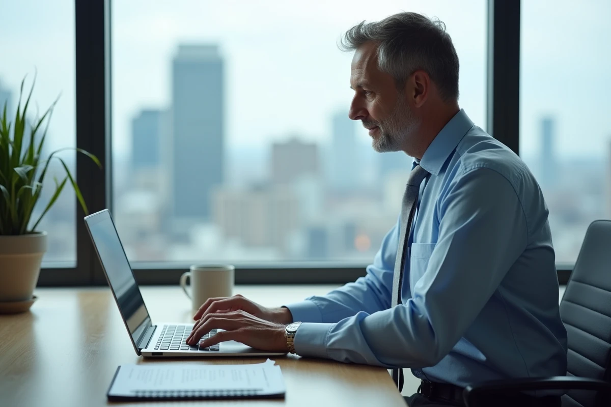 Homme travaillant sur son ordinateur avec vue sur la ville