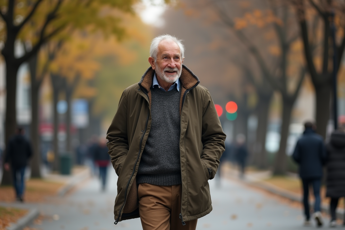 Homme de 65 ans en parka marchant en ville automnale