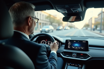 Homme d'affaires dans une voiture moderne avec écran digital