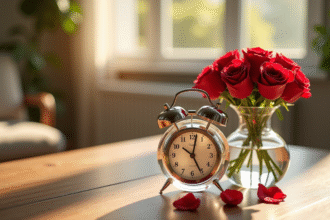 Horloge en cristal et bouquet de roses rouges pour anniversaire