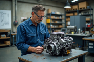 Ingénieur homme en atelier examinant un moteur prototype