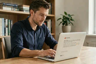 Homme concentré lisant attentivement les conditions d'inscription sur un ordinateur portable lors de la création d'un compte sécurisé en ligne
