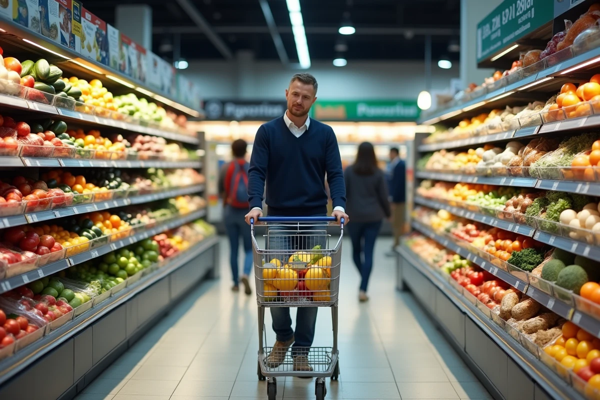 Intérieur d'un supermarché Lidl animé un dimanche avec un client dans le rayon fruits et légumes
