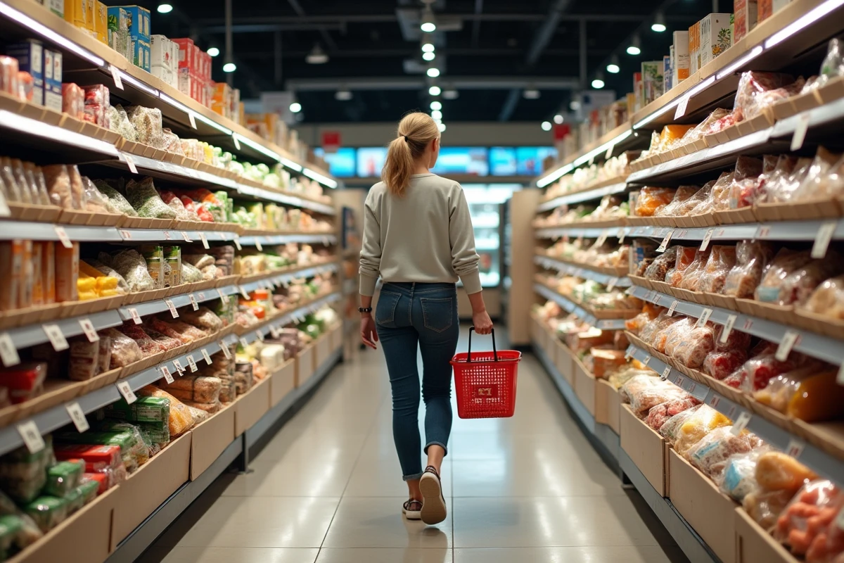 Allée intérieure du supermarché SP Châtillon avec rayons bien approvisionnés et cliente en train de faire ses courses