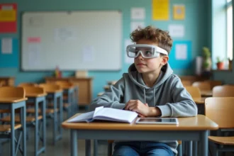 Adolescent en classe avec lunettes de réalité augmentée