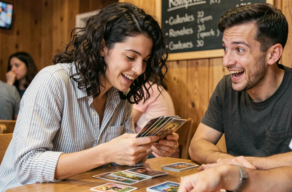 Jeune femme concentrée tenant des cartes de jeu dans un bar à jeux de société à Toulouse